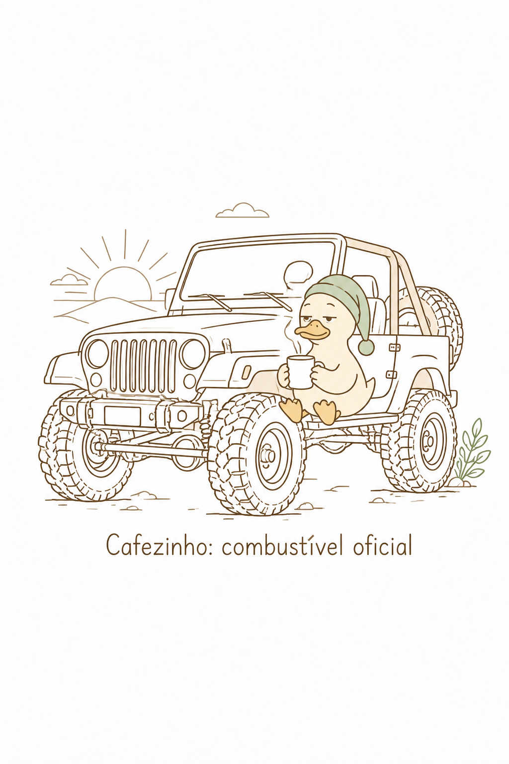 Fine-line print of a sleepy nightcap rubber duck holding a steaming coffee cup on the rig running board at dawn, Cafezinho: combustível oficial lettering