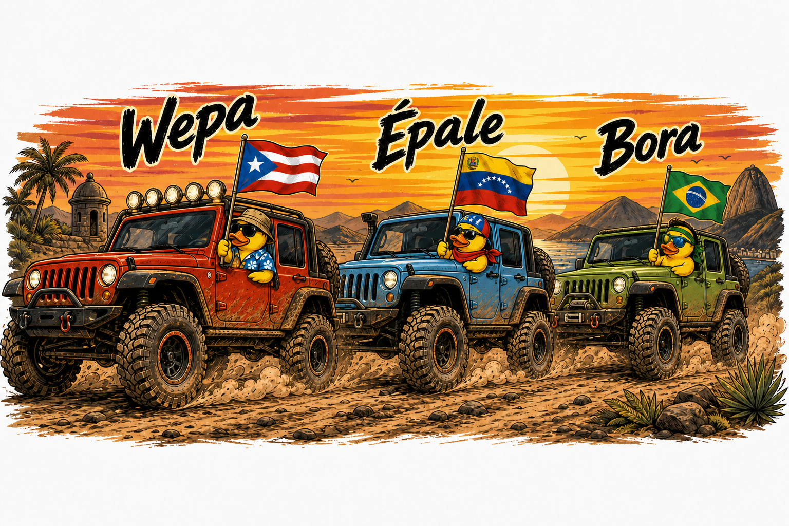Panoramic print of a three-rig caravan on a dusty sunset trail, each with a flag-waving duck — WEPA, ÉPALE and BORA lettering