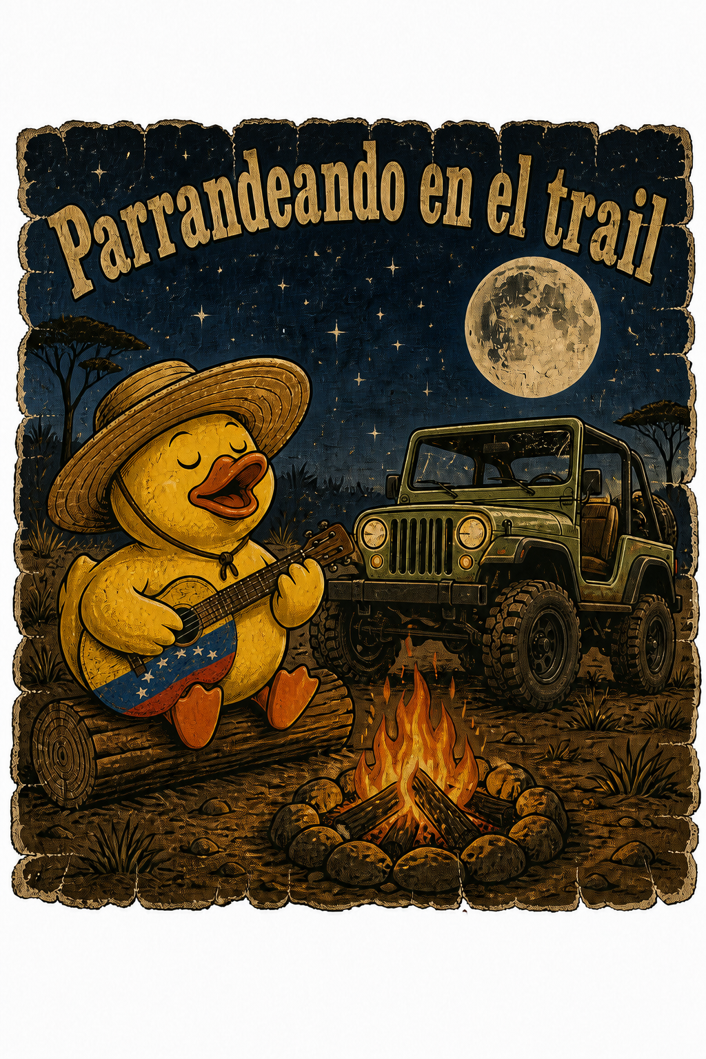 Distressed vintage print of a llanero-hat rubber duck strumming a cuatro by the campfire under a big moon, PARRANDEANDO EN EL TRAIL lettering