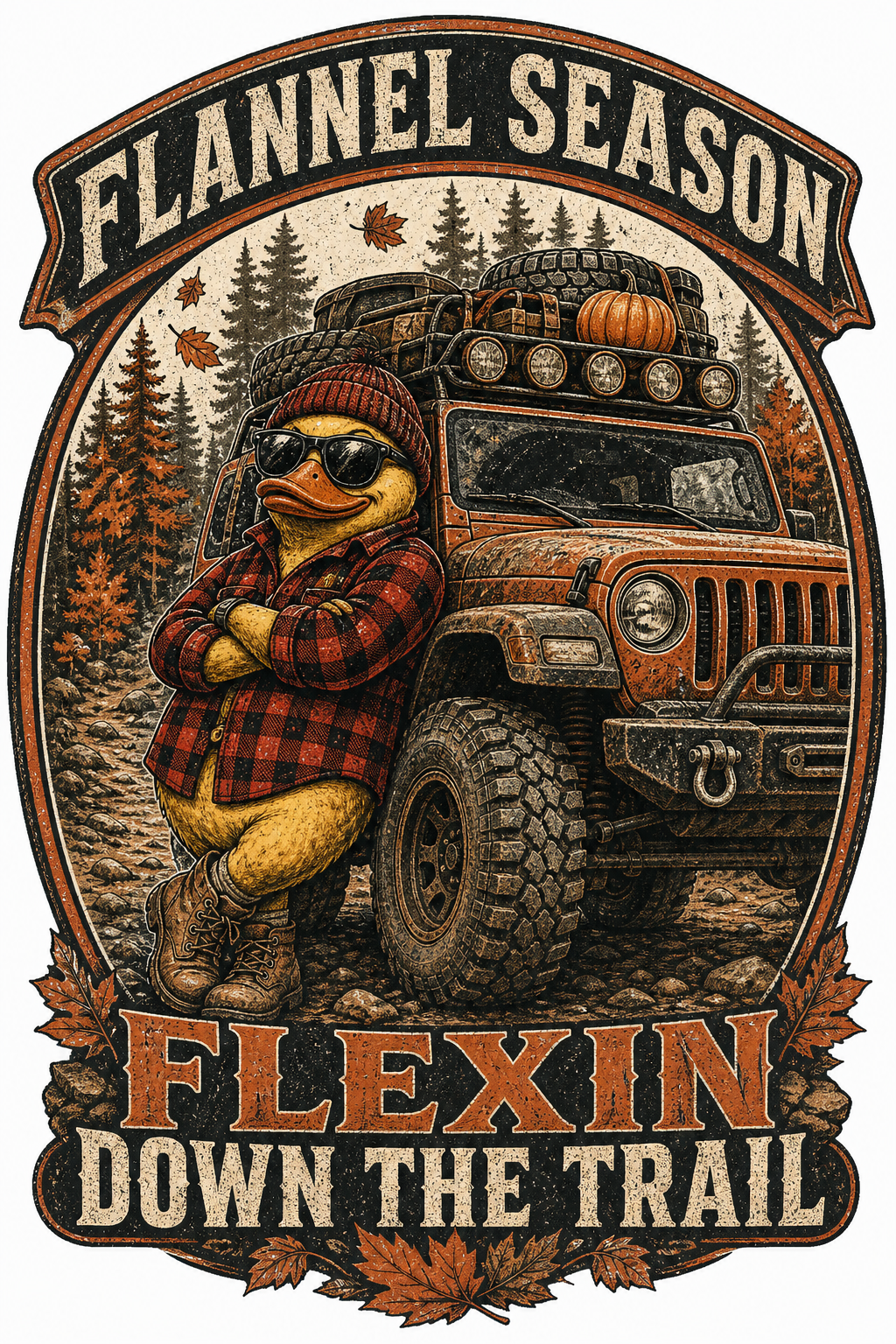 Vintage oval badge of a flannel-and-beanie duck leaning on an off-road rig with a pumpkin on the rack, FLANNEL SEASON / FLEXIN DOWN THE TRAIL type