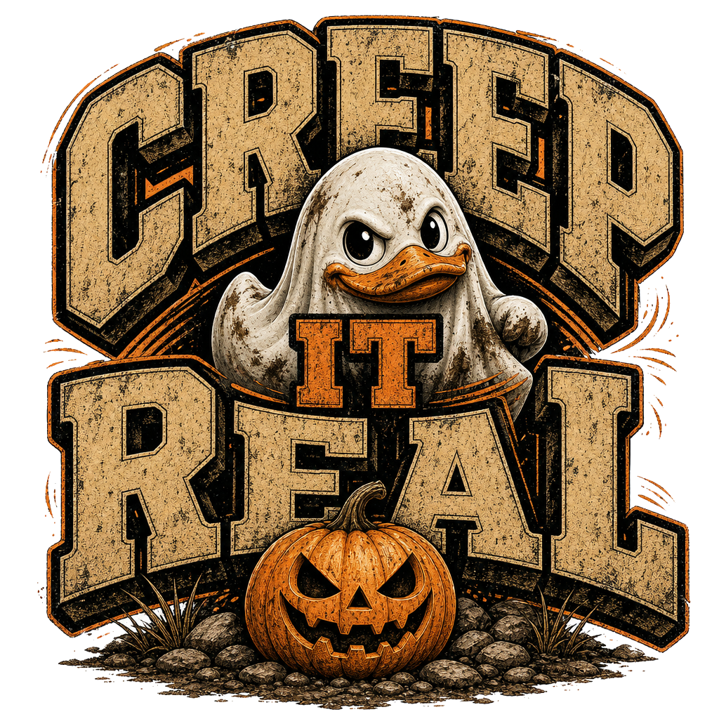 Print of a ghost-sheet rubber duck between giant varsity letters and a menacing pumpkin, CREEP IT REAL Halloween type