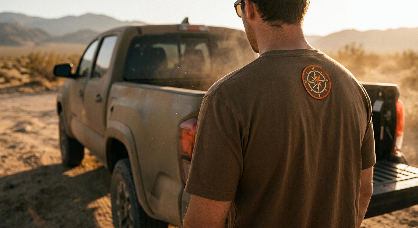 A club member wearing a Ducked Trail tee with their club's badge printed on the shoulder, standing at the tailgate of a dusty off-road truck at a desert trailhead