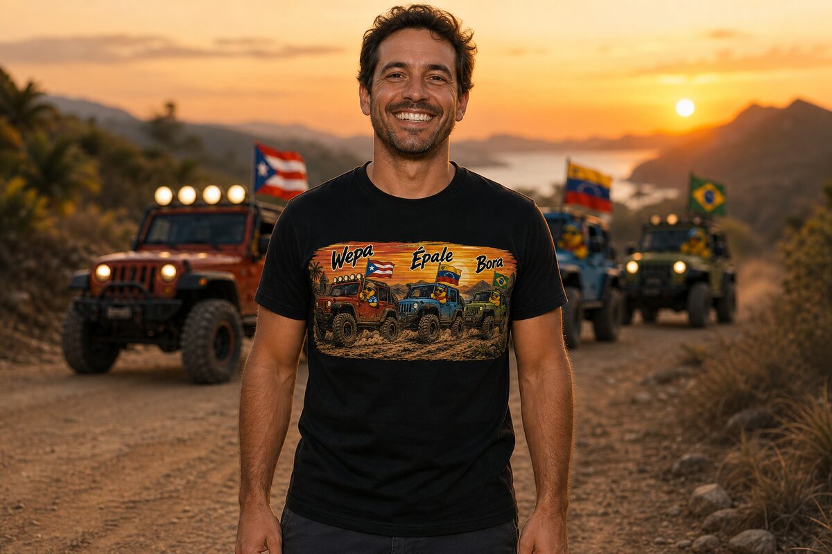 Man on a sunset trail wearing a black tee with the Wepa, épale, bora print — a three-rig caravan with flag-waving ducks