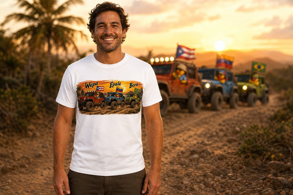 Man on a sunset trail wearing a white tee with the Wepa, épale, bora print — a three-rig caravan with flag-waving ducks