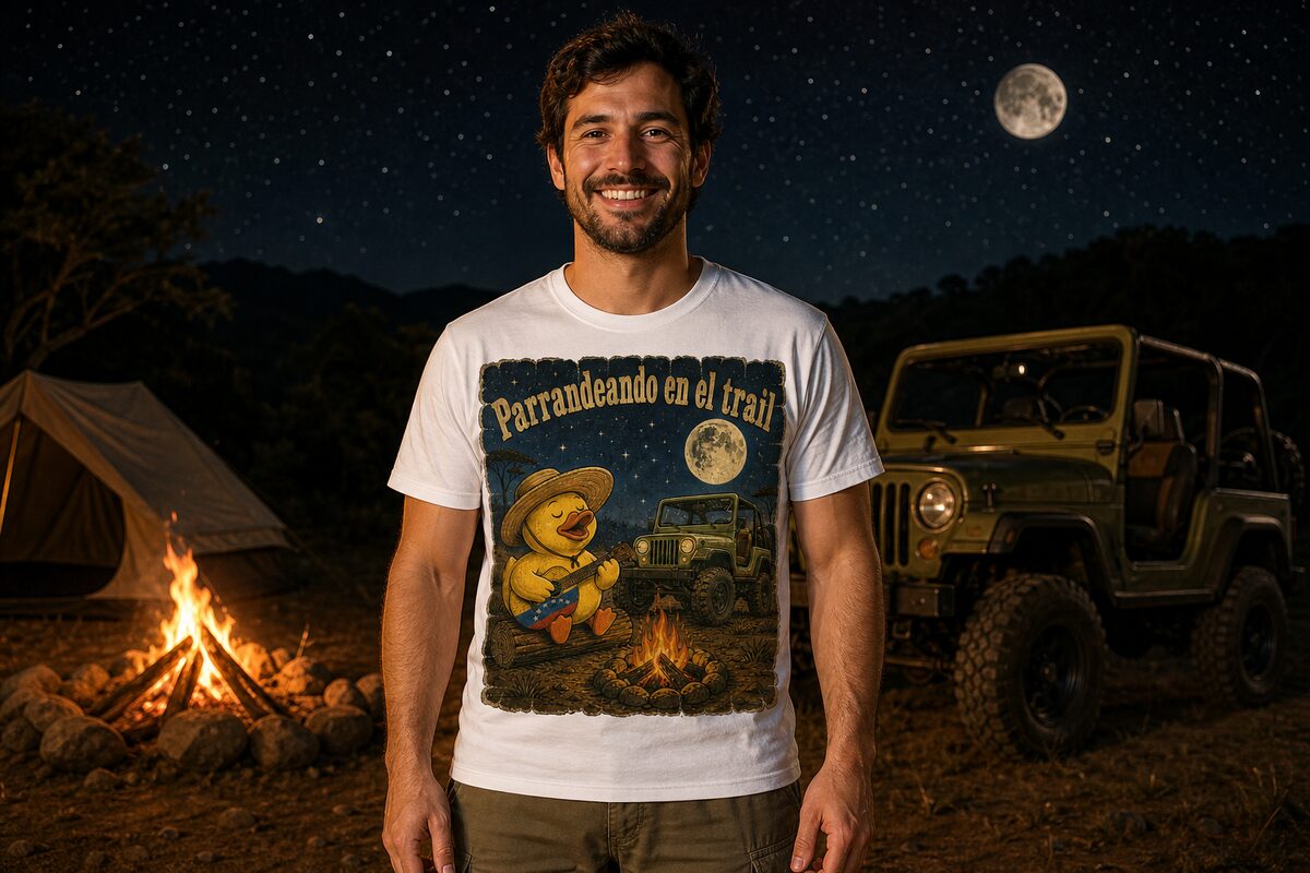 Man at a night campfire wearing a white tee with the Parrandeando en el trail print — a llanero duck strumming a cuatro under the moon