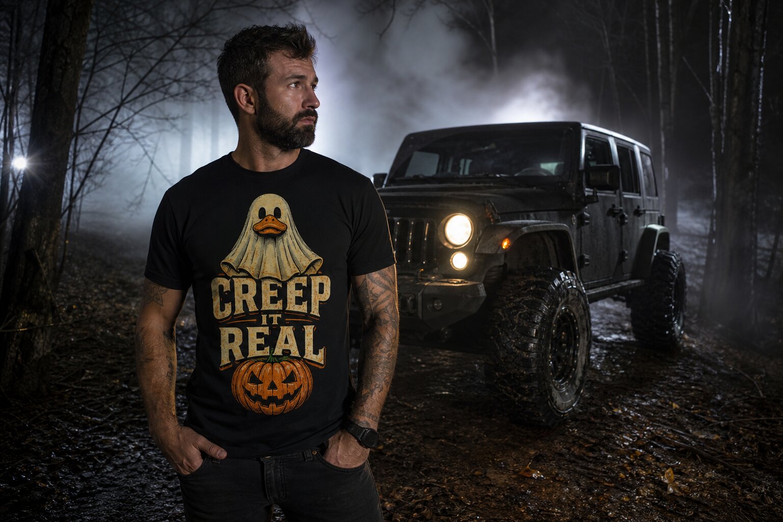 Model on a foggy night trail next to a lifted Jeep Wrangler wearing a black tee with the CREEP IT REAL print — a ghost-sheet rubber duck over a menacing jack-o-lantern